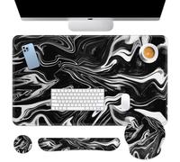 Britimes Juego de alfombrilla para teclado y mouse de mármol blanco y negro 4 en 1, alfombrilla grande para mouse + reposamuñecas para teclado + posavasos diseño ergonómico para computadora de oficina
