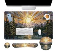 Britimes Mountain Gold Sun - Juego de alfombrilla para mouse 4 en 1 con diseño de bosque natural, reposamuñecas para teclado, reposamuñecas para ratón, posavasos, diseño ergonómico para el hogar