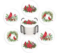 Britimes Posavasos de Navidad, juego de 6 ramitas de acebo rojo con pájaros de invierno absorbente de piedra redonda, con base de corcho y soporte de metal, regalo para decoración de bar de habitación