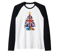 British England Flag Christmas Tree Lights Xmas Cute Costume Camiseta Manga Raglan