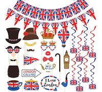 British National Day Festival Party Set,20 unidades British Flag Photo Booth Requisiten,3 unidades Banderines Union Jack, longitud 10 metros, 8 unidades British Union Jack Hang Spiral Decor