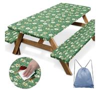 Britown Mantel de mesa de picnic con bordes elásticos, funda de mesa ajustable de flores silvestres verdes, artículos esenciales para patio al aire libre, camping, 72 pulgadas, 3 piezas, mantel