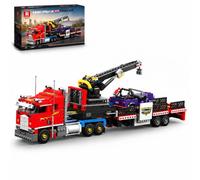 BrixVibe City Heavy Semi Truck - Juego de construcción con remolque para | Compatible con vehículo Lego, juguete americano de cama plana con grúa y coche todoterreno, regalo para mayores de 14 años y