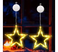 BrizLabs Luces de Ventana de Decoración Navideña, 2 Piezas 10 LED Luces de Estrella de Navidad Batería Luces de Hadas Temporizador Ventosas para Balcón Interior Exterior Árbol Casa Boda, Blanco Cálido