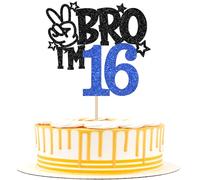 BRO I'm 16 - Decoración para tartas con purpurina para 16 cumpleaños con texto en inglés "Bro I'm 16", decoración para tartas de 16 años, color negro y azul