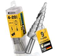 Broca escalonada Ø 4-20 mm / 9 etapas, broca cónica / vástago de 10 mm / Broca profesional de metal cónica HSS / Amboss PowerStep 2 / Taladro adecuado para acero, aluminio, plástico, metacrilato