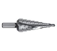Broca escalonada HSS con mango hexagonal 1/4", ideal para perforar diferentes materiales y obtener orificios de varios diámetros.
