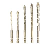 Broca para hormigón, brocas de carburo, broca de punta de lanza cruzada de 5 piezas con vástago hexagonal de 1/4 de pulgada y caja de plástico para perforar azulejos, ladrillos, (Gold)