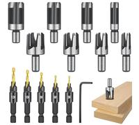 Brocas Madera Metal 14 Piezas, Juego de Brocas Profesional Incluye 5 Broca Avellanadora Madera y 8 Broca Hueca con Llaves Allen en L, Herramientas Carpinteria de Titanio con Vástago Hexagonal de 1/4"