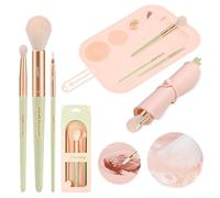 Brochas de viaje de maquillaje de alta calidad, 4 piezas, kit de brochas cosméticas portátiles para labios, sombra de ojos, base, apto para viajes y sin veganos, mango suave, para una aplicación de