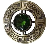 Broche celta a cuadros escoceses, piedra verde, acabado antiguo, diseño tradicional escocés de las tierras altas, Large, Latón Vidrio