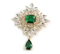 Broche/colgante de cristal austriaco de estilo victoriano verde/transparente en tono dorado, caída de 55 mm, talla única, Vidrio, Diamante. Glass