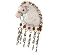 Broche de cabeza de caballo esmaltado blanco con detalle de borlas retro, elegante broche para chaquetas y bufandas, borlas de mejora