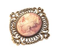 Broche de camafeo antiguo en tono dorado para estilizar bufandas | Centro de con retrato ovalado en tono melocotón, volutas en tono dorado antiguo, acento distintivo