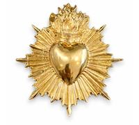 Broche de corazón ex voto con llama, color dorado, 7,5 x 6,5 cm, cierre magnético seguro