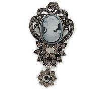 Broche de cristal de hematita con diseño de camafeo de inspiración vintage en tono plateado antiguo, 65 mm de largo, talla única, Sin tipo de metal, Diamante.