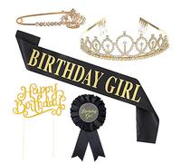 Broche de diamantes de imitación adornado con corona de color negro, banda de cumpleaños sedosa con clip de lámina dorada para niñas y fiestas brillantes