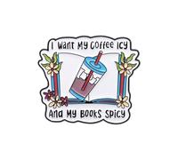 Broche de diamantes de imitación de cristal vintage con texto en inglés «I Want My Iced Coffee» para ropa, accesorios para el cuello, pin de metal con insignia de cristal, para boda, 4x3.4CM, Metal