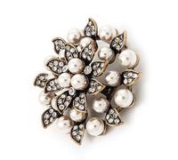 Broche de flor de cristal de tono antiguo con perlas de imitación de color blanco crema y engastado con cristales transparentes, ideal para bodas, bonito y antiguo