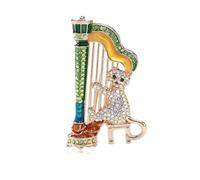 Broche de gato musical tocando arpa músico animal broche pin mujer unisex fiesta, Piedra Vidrio Piedra Esmaltado cristal, zirconia cúbica Ágata Obsidiana