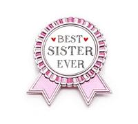 Broche de insignia de corazón con cita "Best sister ever", color rosa, Medium, Metal