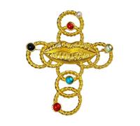 Broche de labios con crucifijo adornado con piedras preciosas coloridas para una declaración de moda única y accesorios artísticos para fiestas, broche vintage para labios, One Size, como se describe