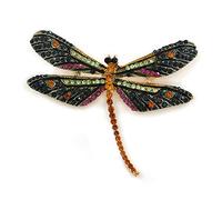 Broche de libélula de cristal naranja/verde/fucsia en tono dorado, 60 mm de ancho