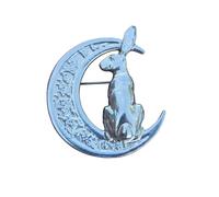 Broche de liebre sobre luna floral, 6 cm, diseño de vista trasera, hecho a mano en peltre por William Sturt, talla única, Peltre