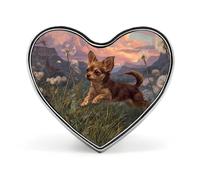 Broche de solapa con forma de corazón de Chihuahua, diseño de diente de león y montañas, insignia para bolso, camisa, fiesta, joyería personalizada.