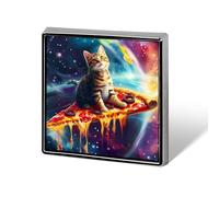 Broche de solapa divertido con diseño de gato en Pizza Planet, insignia, sombrero, ropa, bolso, joyería para hombres y mujeres.