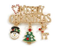 Broche esmaltado con cristales de Feliz Navidad en tono dorado, 50 mm de ancho