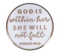 Broche esmaltado con texto en inglés "God Is Within Her She Will Not Fall", diseño de salmo 46:5, blanco y negro, para regalo cristiano, S, Acero aleado, No es una piedra preciosa