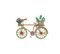 Broche para bicicleta con esmalte y pedrería, cesta con flores, ruedas verdes brillantes | Broche vintage elegante para mujer | Regalo del Día de la Madre o accesorio bohemio para ropa de fin de