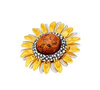 Broche para mujer, plata 925 pulida, oxidada y dorada, ámbar báltico redondo en color coñac, broche de girasol con función colgante, Plata esterlina