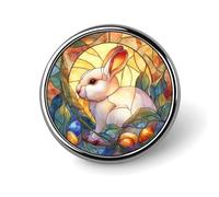 Broche redondo con diseño de conejo blanco con diseño de huevos de Pascua, hojas verdes, para hombres y mujeres, insignia, collar, vestido, chaqueta, mochila, accesorios