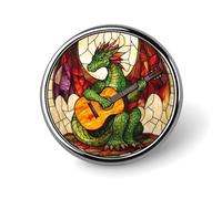Broche redondo con diseño de dragón verde de vidrieras tocando una guitarra para hombres y mujeres, insignia, collar, vestido, chaqueta, mochila, accesorios