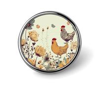 Broche redondo con diseño de gallina volando mariposas entre flores, alfileres de corbata de solapa de moda, broche de metal ligero, accesorio decorativo para disfraz de hombre y mujer.