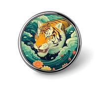 Broche redondo con diseño de tigre cruzando un río, ideal para la decoración de oficinas, profesores y mujeres.