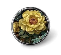 Broche redondo con dos libélulas y flor de peonía amarilla para hombre y mujer, insignia de moda, alfiler para cuello, vestido, chaqueta, mochila, accesorios.
