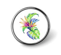 Broche redondo con hojas y flores tropicales abstractas, plantas de la selva aisladas sobre fondo blanco, alfiler de corbata unisex liso, insignia ligera, joyería, artesanía, decoración para disfra