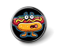 Broche redondo de aluminio con diseño de perrito caliente, elegante y decorativo para ropa, mochilas y sombreros.