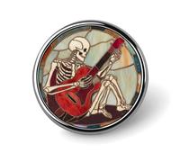 Broche redondo de esqueleto tocando una guitarra eléctrica roja para hombres y mujeres, insignia de moda, collar, prendedor, chaqueta, mochila, accesorios