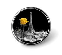 Broche redondo de metal de la Torre Eiffel Nd con rosa amarilla de 2.5 cm, broche redondo para ropa, sombrero, bolsa, corbata, accesorios, decoración