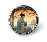 Broche redondo de metal resistente con la imagen de una dama y su pájaro. Insignia ligera y elegante para camisas, chaquetas, mochilas y regalos.