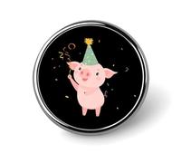 Broche redondo de solapa con diseño de cerdito y sombrero de fiesta, ideal para ropa, bolsos, mochilas y sombreros.