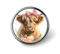 Broche redondo de vaca de las Tierras Altas con lazo rosa grande para hombres y mujeres, insignia de moda, collar, vestido, chaqueta, mochila, accesorios