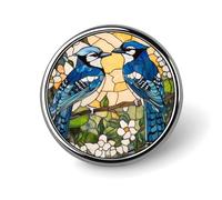 Broche redondo de vidrieras con pájaros arrendajos azules, insignia metálica, pin de solapa, accesorios para chaqueta, sombrero y bolso.