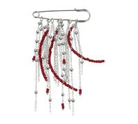 Broche retro con detalles de cuentas rojas y borlas que fluyen, detalle de cadena múltiple, ramillete de aleación, elegante broche de cadena con borlas de mejora