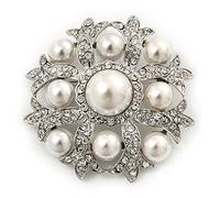 Broche tipo ramillete para novia con perlas simuladas/cristales Swarovski con en platinado de rodio de rodio