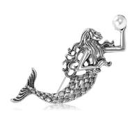 Broche vintage de pez sirena para mujer, elegante perla de imitación, la sirenita, pin de solapa, vestido, ropa, ramillete, insignias, accesorios, joyería de moda para fiestas, Plateado, 1